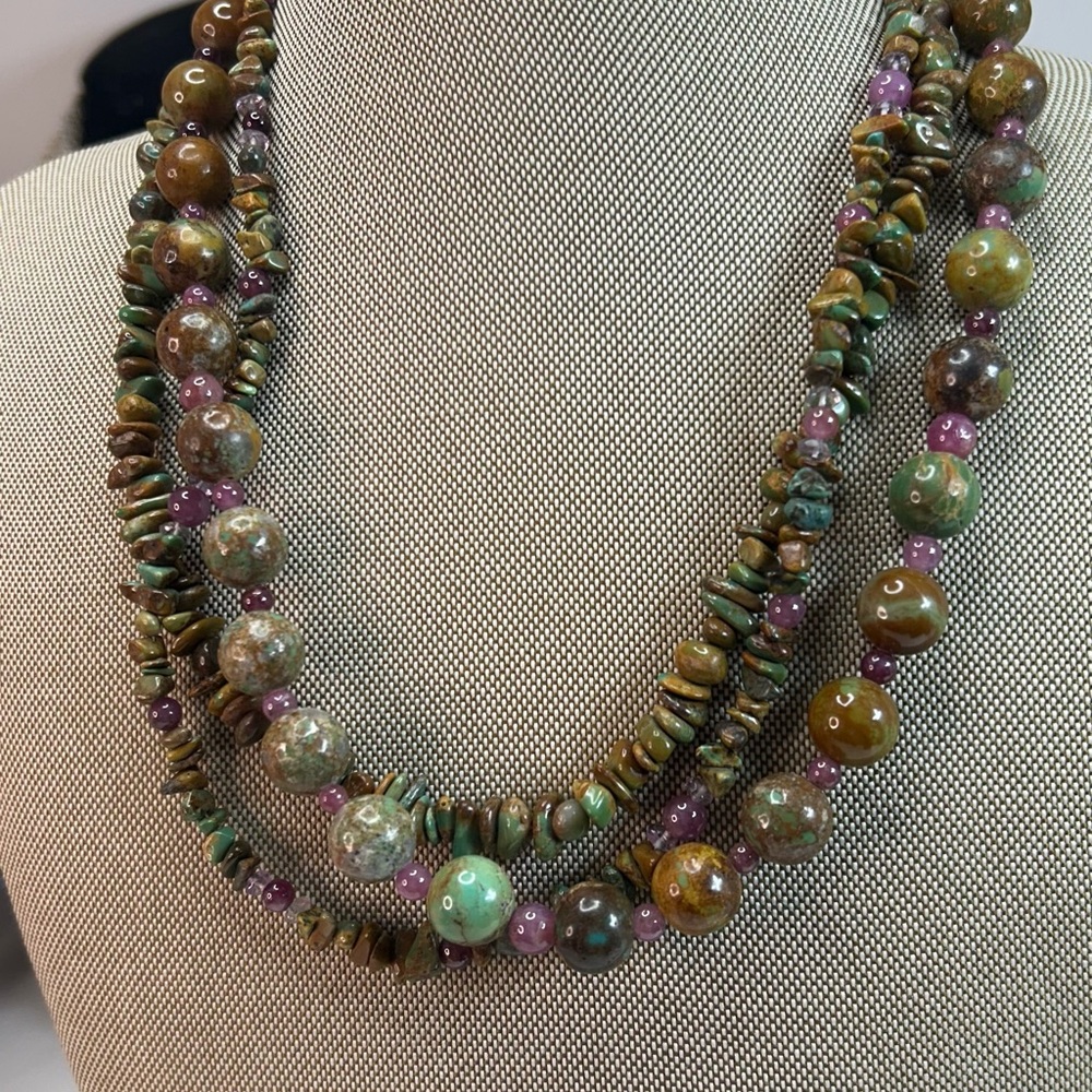 Vintage Jay King Turquoise and Ruby beaded 3-Strand Necklace NIB